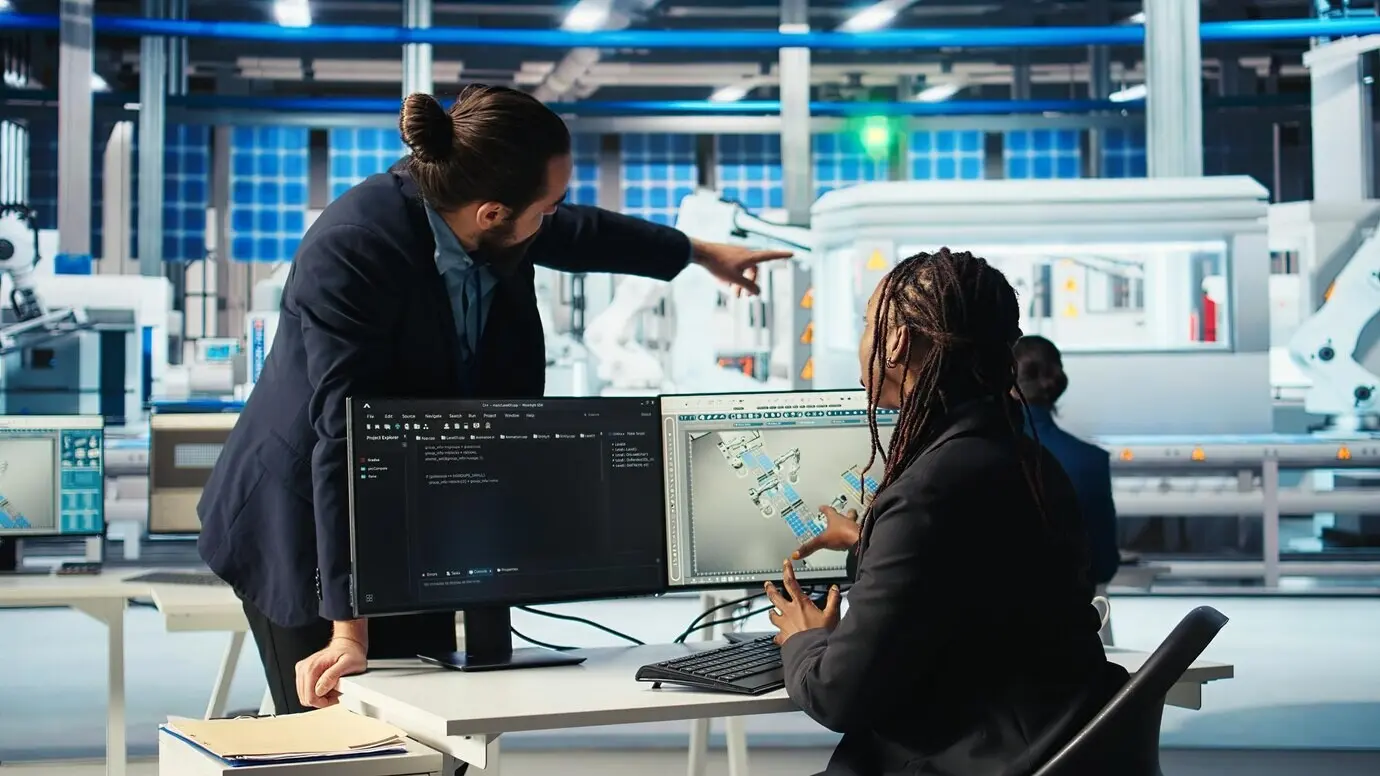 Администратор фотовольтаического завода пишет код и демонстрирует прогресс менеджеру.